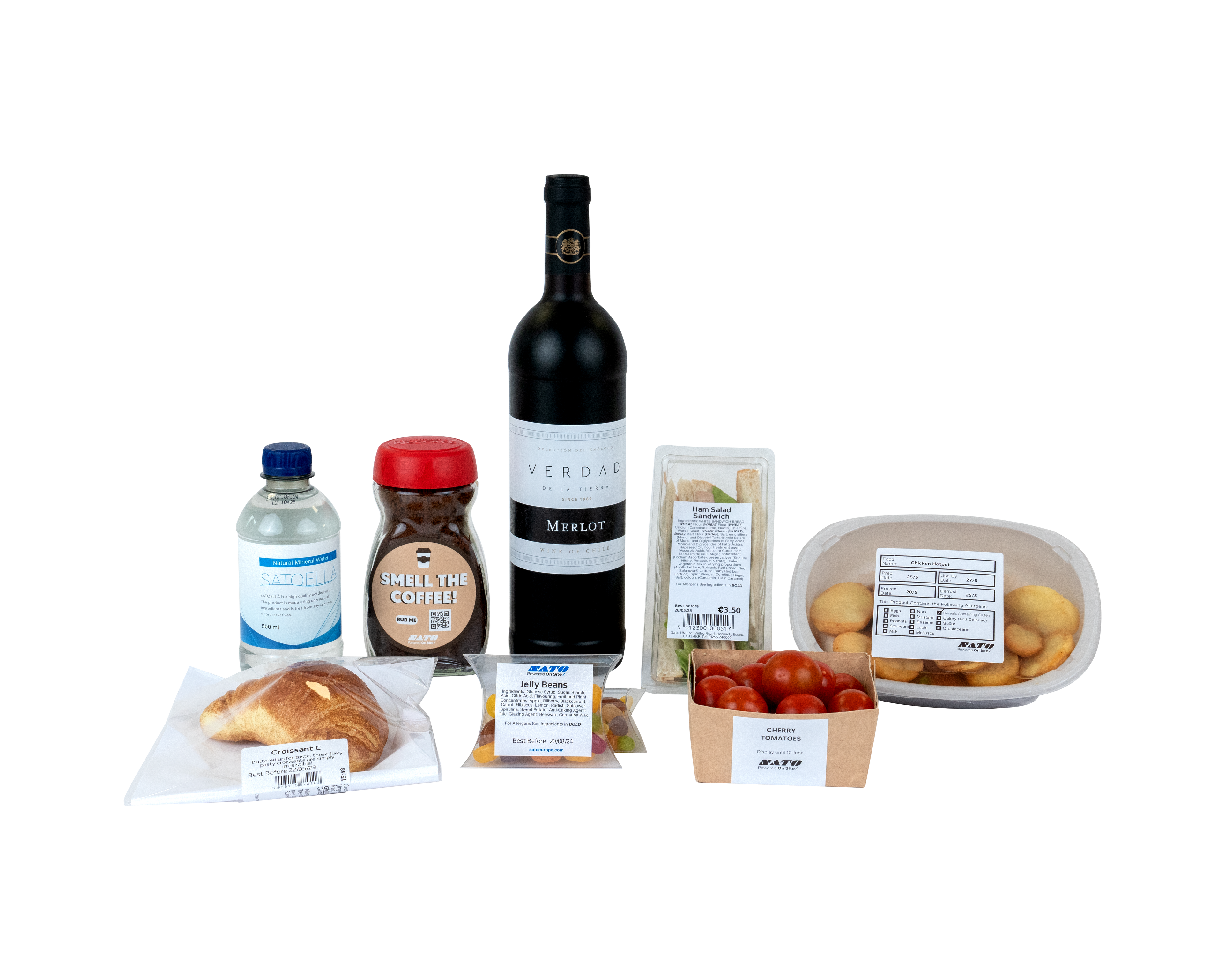 Productos alimenticios y bebidas etiquetados individualmente con adhesivo permanente, asegurando información visible y trazabilidad para control en hostelería, restauración y entornos HORECA.