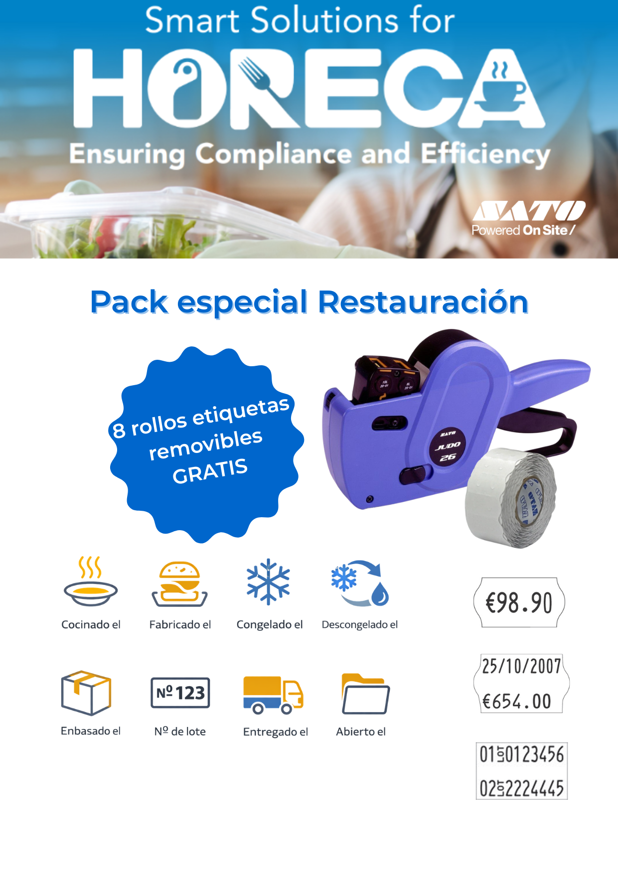 PACK Etiquetadora Manual SATO JUDO 26 Doble Línea (European Layout) Color Púrpura mas 8 Rollos de Etiquetas Removibles GRATIS