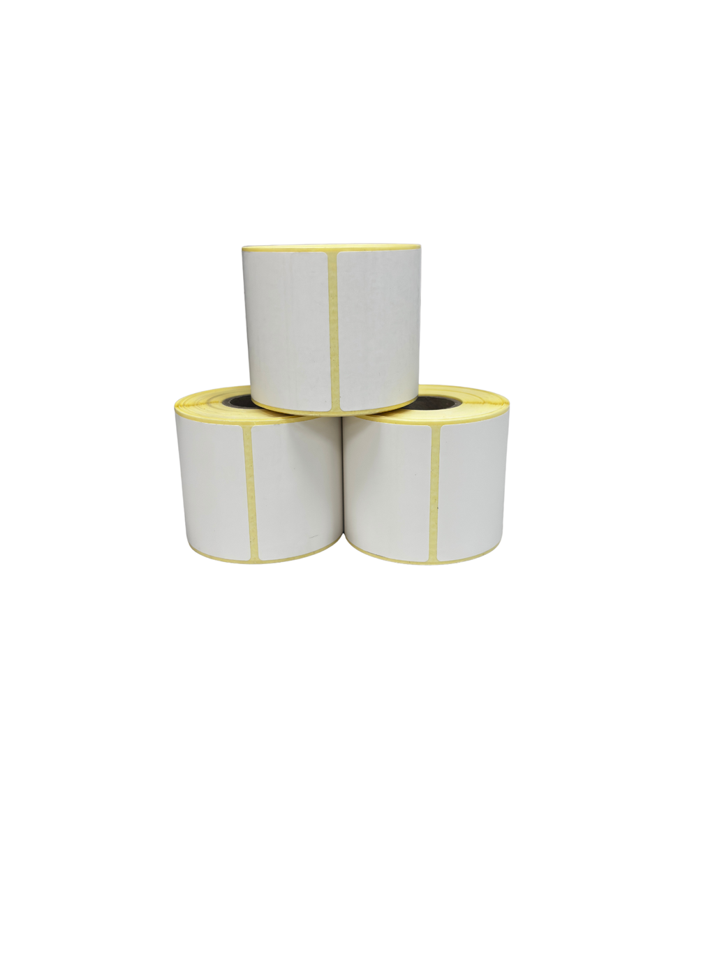 Pack de tres rollos de etiquetas adhesivas blancas de 57x65mm apilados, ideales para impresoras térmicas en trazabilidad alimentaria Horeca.