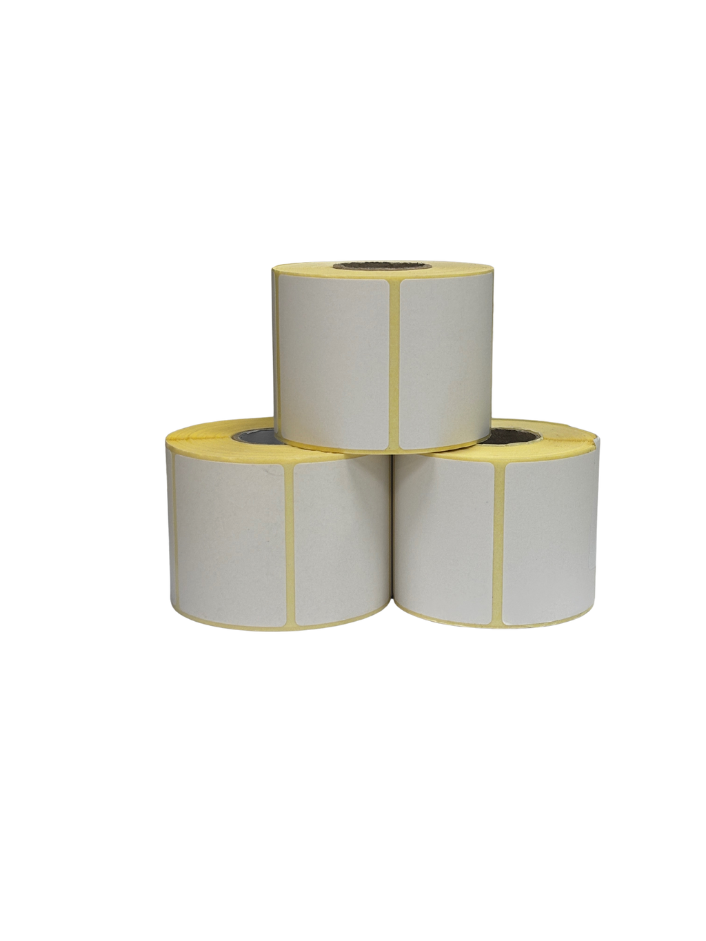 Tres rollos para impresión de etiquetas que garantizan adhesión duradera en envases y productos frescos.
