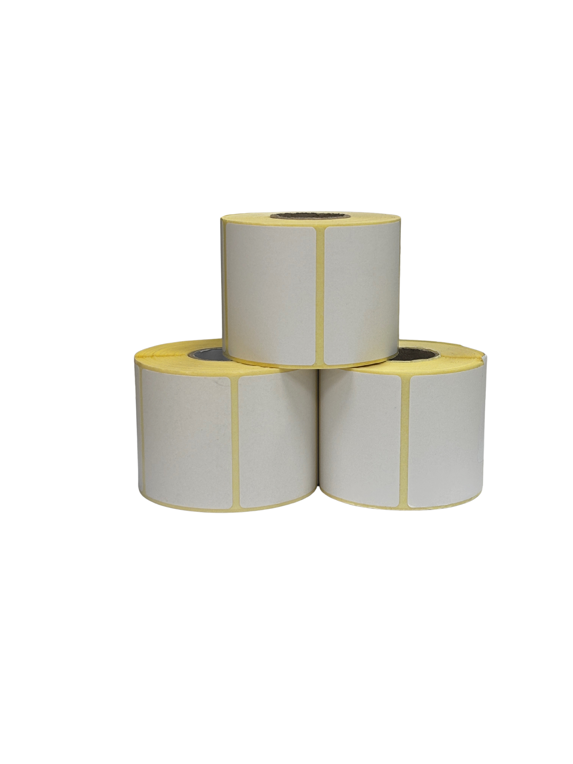 Tres rollos para impresión de etiquetas que garantizan adhesión duradera en envases y productos frescos.