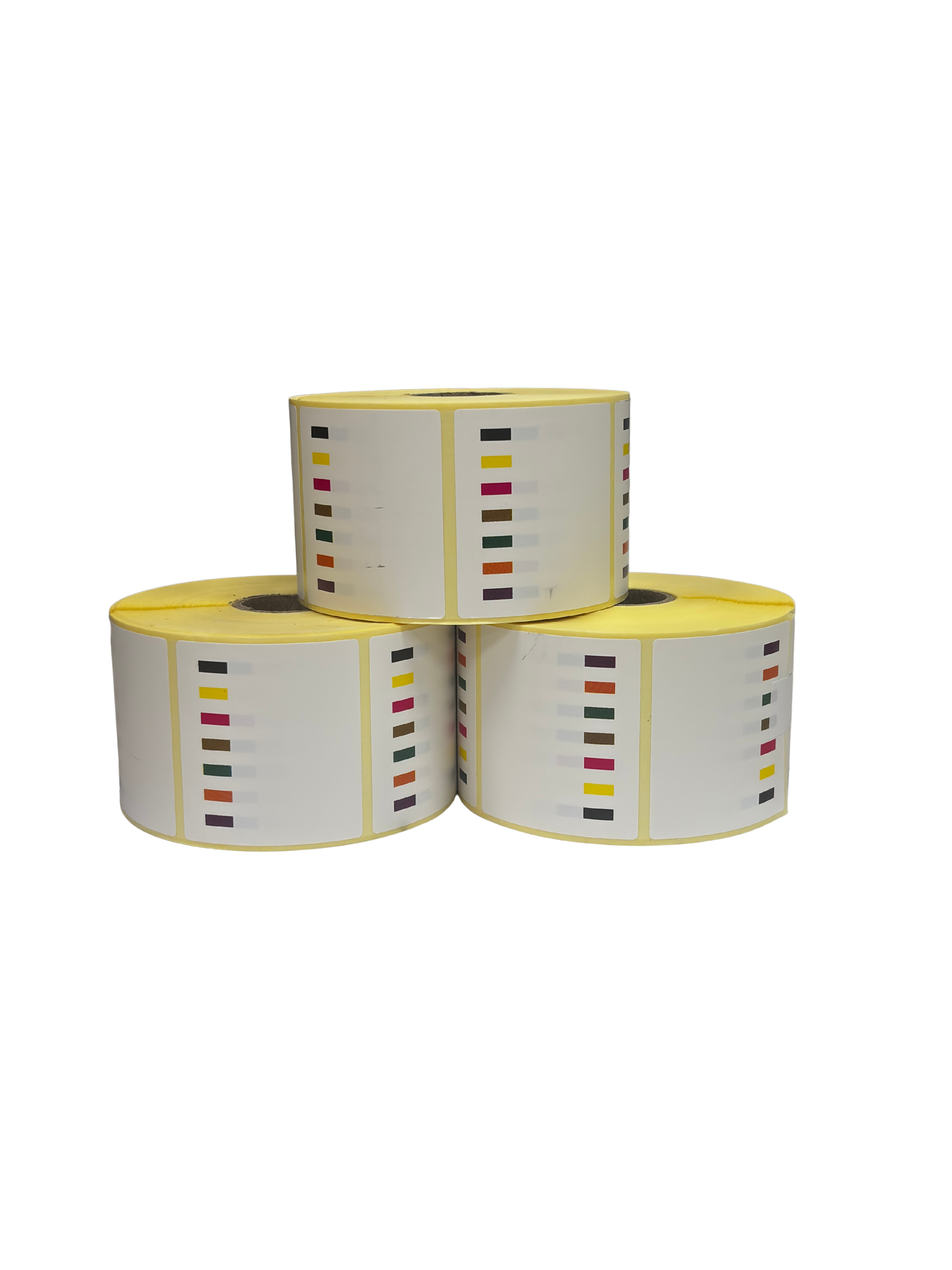 Tres rollos de etiquetas adhesivas 55x50 mm en colores variados, para control completo en etiquetado y trazabilidad.