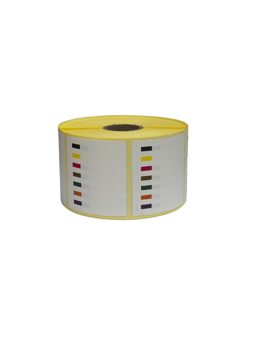 Rollo horizontal mostrando etiquetas térmicas en 7 colores para identificación rápida en cocina profesional.
