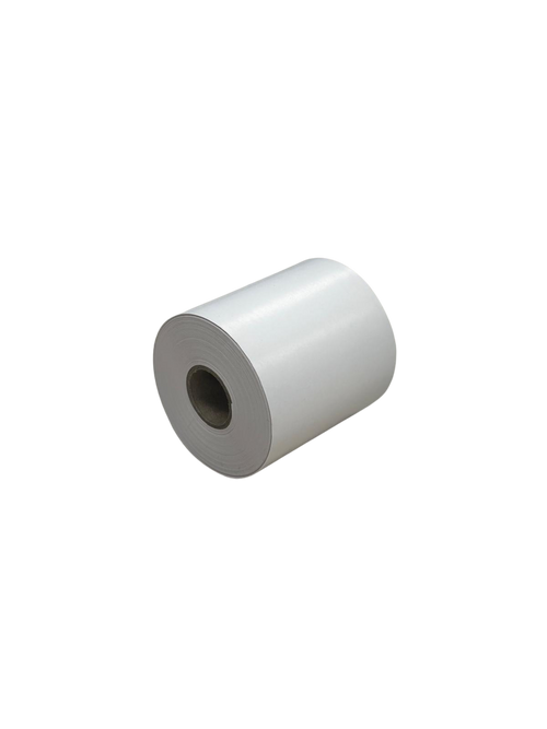 Rollo vertical de etiqueta linerless 80 mm x46 metros, sin papel de soporte, ideal para impresión rápida de varios formatos en hostelería.