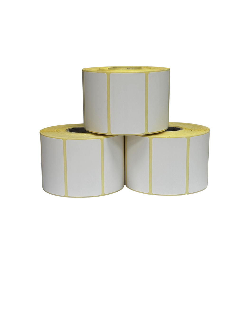 Tres rollos de etiquetas 50x30 mm PP para impresión clara y duradera en restauración y logística alimentaria.