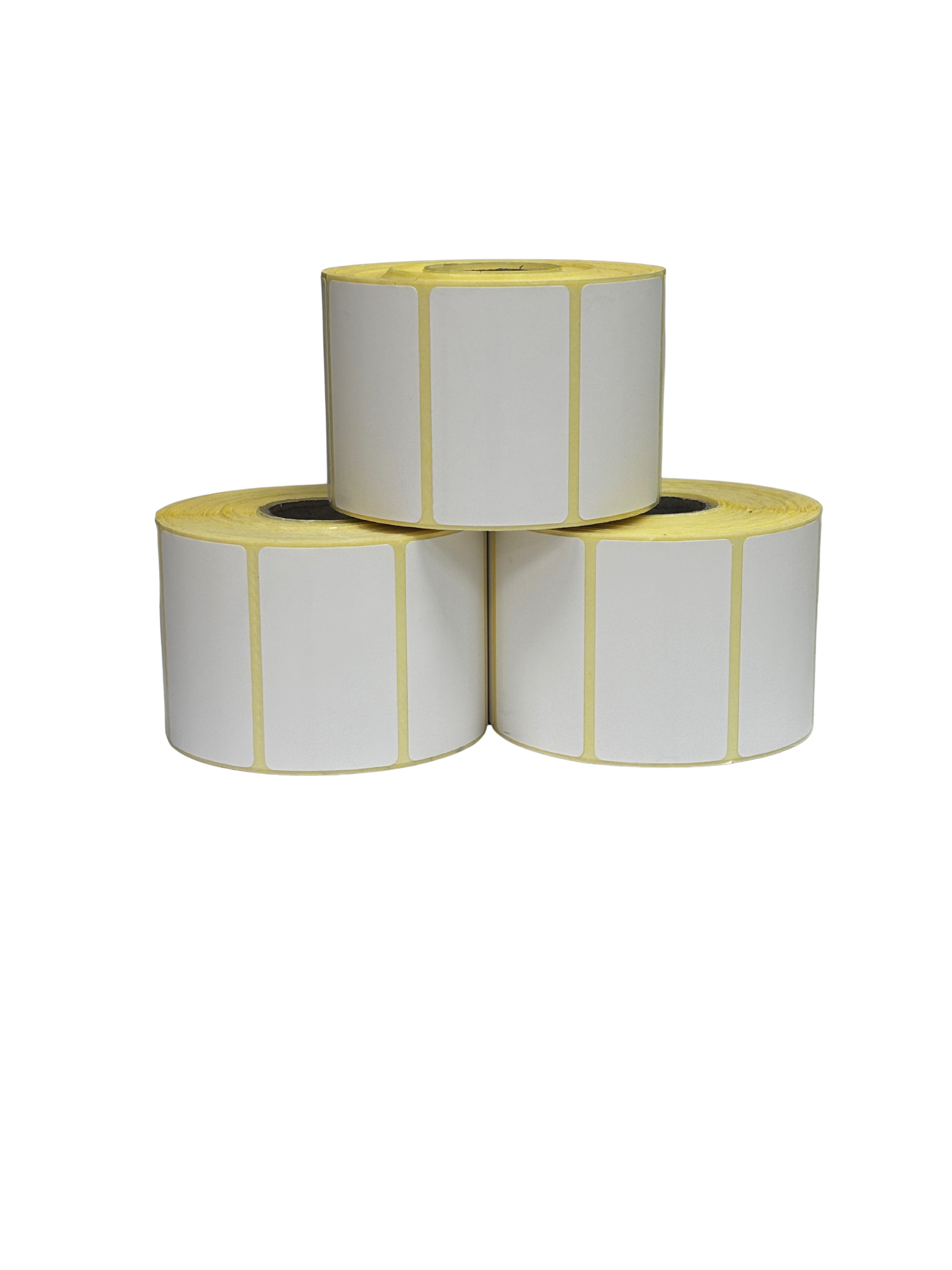 Tres rollos de etiquetas 50x30 mm PP para impresión clara y duradera en restauración y logística alimentaria.