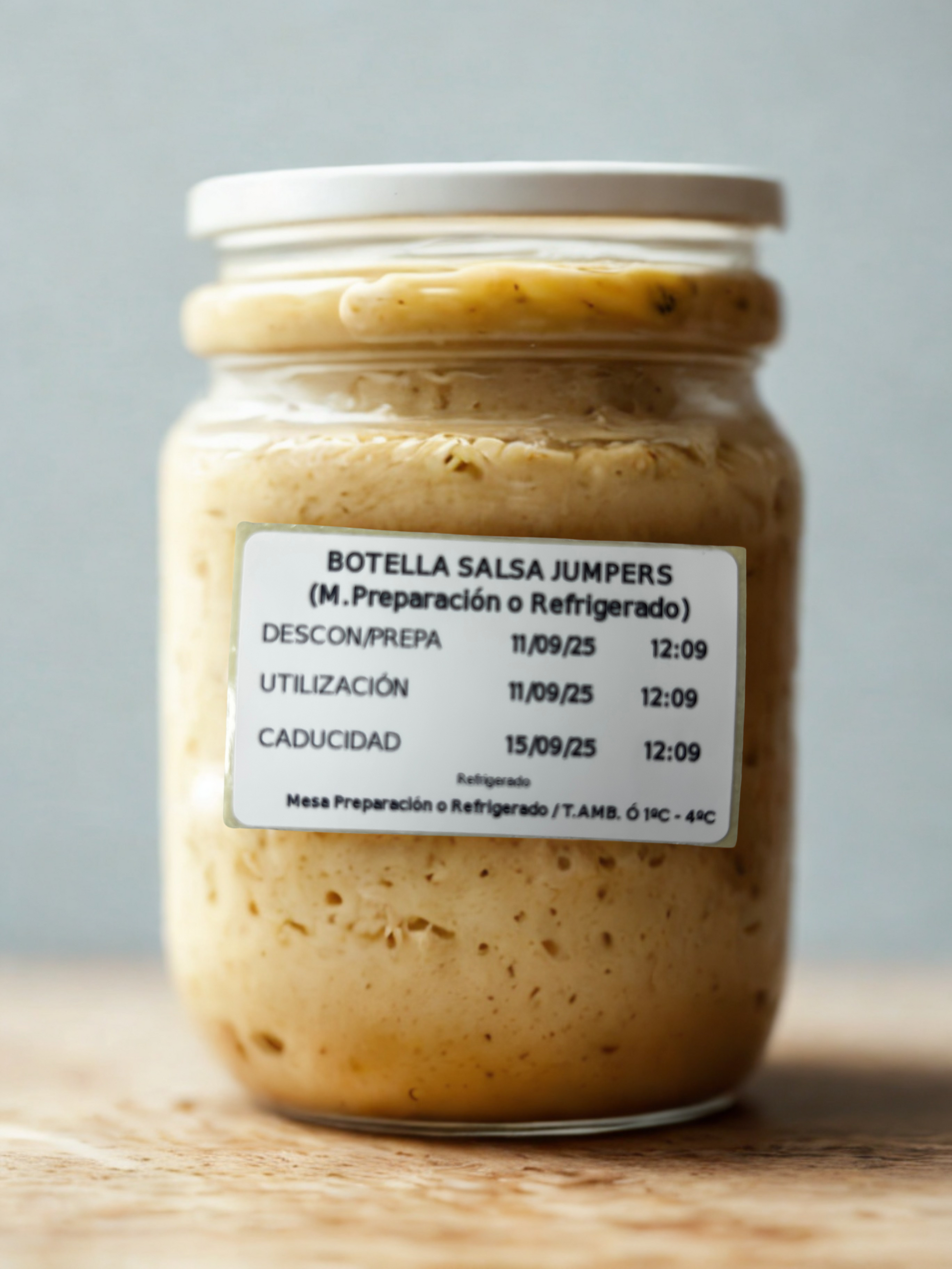 Ejemplo de pegatina aplicada indicando nombre del producto, proceso, fecha de utilización, apertura, caducidad y tipo de conservación.