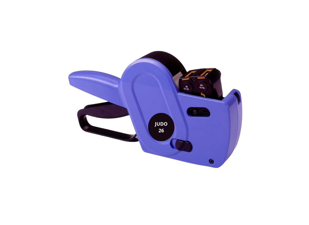 Etiquetadora JUDO 26 mm en color púrpura, formato europeo para cocina profesional.