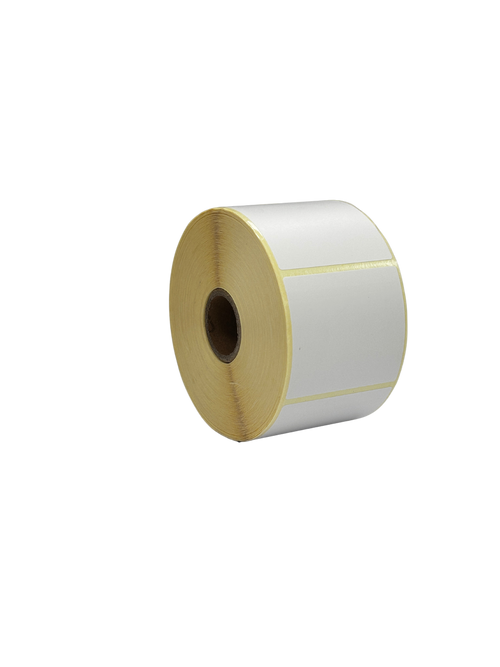 Rollo de etiquetas térmicas adhesivas 55x50 termico protegido, adhesivo removible en posición vertical inclinado